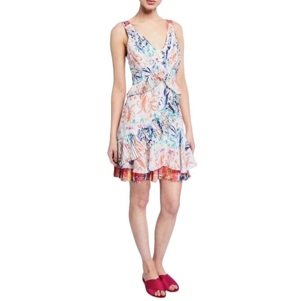 Tanya Taylor Eva Floral Silk Ruffle Mixed Print Mini Dress Women’s 8 - Picture 2 of 15